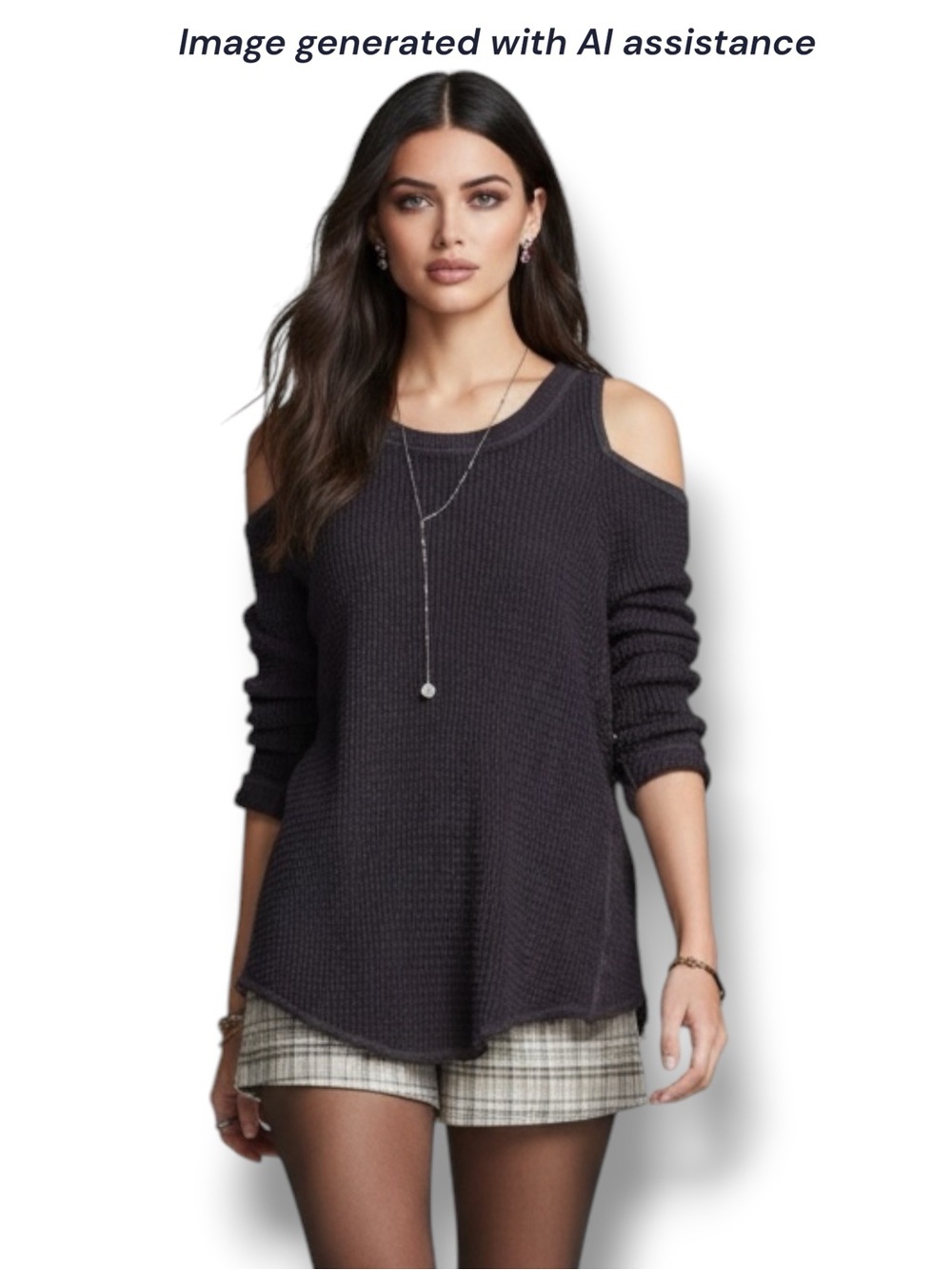 Free People M charcoal Sunrise Cold Shoulder waffle knit distressed sweater